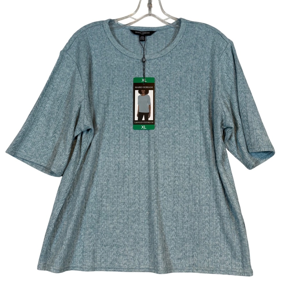 Mario Serrani Italy Blue Elbow Sleeve Textured Pointelle Top •XL• Pointelle Marl